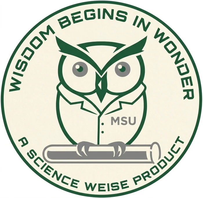 Science Weise owl in a lab coat, with the motto Wisdom Begins in Wonder